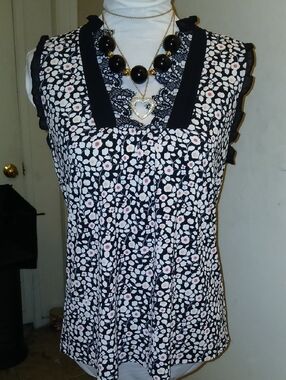 Express Black Floral Tank with Multi Dot Accents and Lace Trim